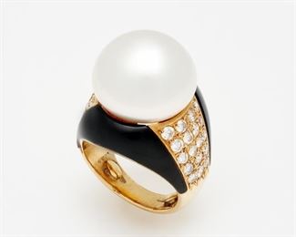 54. South Sea Cultured Pearl, Diamond, Jade, Bombe' Ring