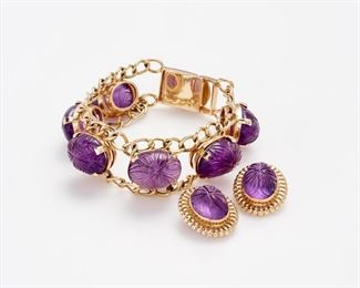 66. 14k Carved Amethyst Cabochon Bracelet / Earring Set