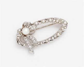 73. Art Deco Platinum Diamond Pearl Brooch