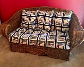 WILL NOT BE DISCOUNTED ON SATURDAY. Rattan Loveseat: lighthouse/beach theme fabric