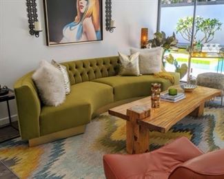 Mid Century Modern Green Velvet Sofa with Gold Base. Excellent Condition. - $2,400 Retail Price: 4,300