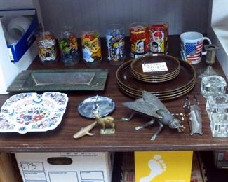 Russel Wright plates, Muppets and Brenda Starr reporter collector glasses, brass fly ashtray