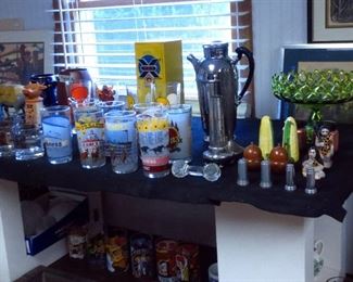 Chrome cocktail shaker, Westmoreland green open lace compote, Kentucky Derby & Preakness glasses, salt & peppers