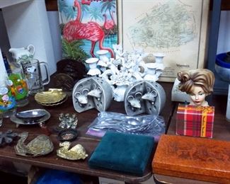 Signed mouse bookends, Italian (signed) cherub or angel candle holders, Ladies Head vase