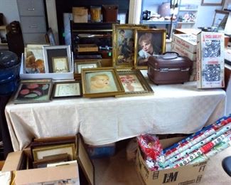 Assorted Picture Frames, Christmas wrapping paper, tinsel