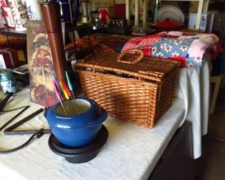 Cast Iron & Enamel Fondue Pot, Sewing Wicker/Cane Basket filled with Quilt Pieces