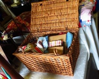 Cane Sewing Basket with Quilt Pieces