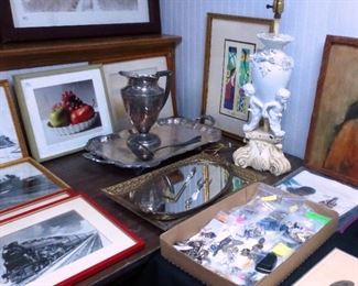 Silverplate serving tray, plateau gold metal mirrors, cherub lamp