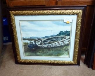 Striking original watercolor of boat inside a nice Victorian frame