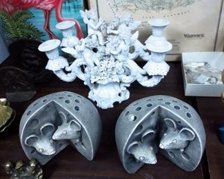 Signed Italian pottery or porcelain angel candle holders in style of Capodimonte, Signed Mouse inside Cheese bookends dated 1971