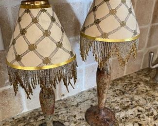 2 Mackenzie-Childs small lamp shades. (Candle sticks are not Mackenzie-Childs.)