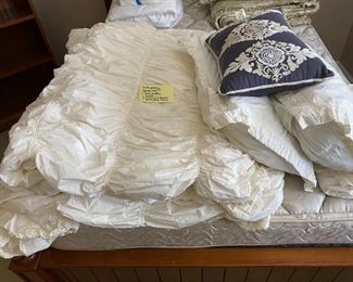 Anthropologie queen bed set: Dust ruffle, duvet, 2 pillows and 2 shams, one decorative pillow