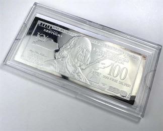 1oz Silver .999 Fine $100 Bill KY State Bar
