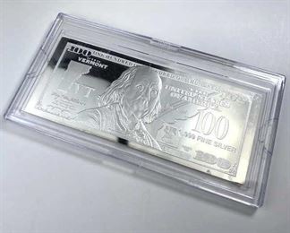 1oz Silver .999 Fine $100 Bill VT State Bar