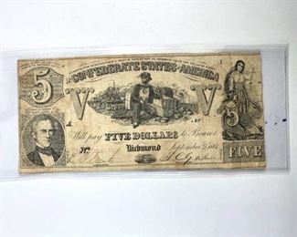 1861 $5 Confederate Bill, Scarce