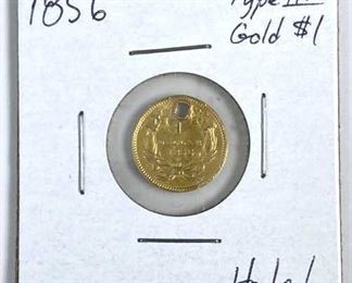 1856 $1 Gold Indian, Holed