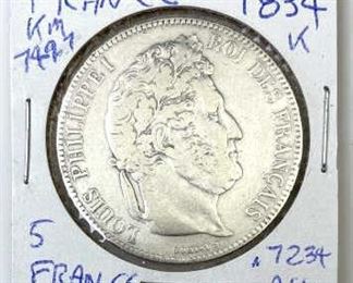 1834 France Silver 5 Francs