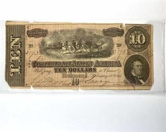 $10 Confederate States of America Note, Low Grade