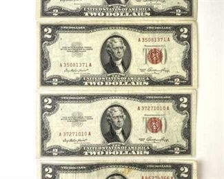 (4) Red Seal $2 U.S. Bills, Two Dollar Notes