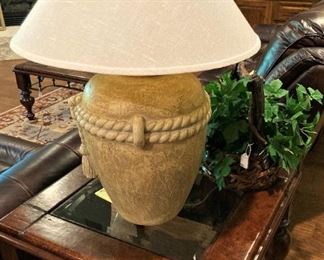 Coordinating iron base side table; gold-toned lamp with rope detail