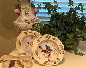 Lamp; bird plates and planter