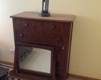 Vintage Chest of drawers with mirror.  Measures 33” w x 18” d x 47” t.  Mirror is 24” tall.  Presale $115