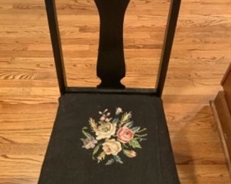 Antique oak chair painted black with hand stitched chair seat.     Presale $20