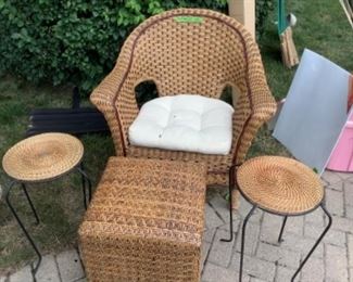 From Pier One, wicker chair,  ottoman, and two side tables.  Whole set presale $75