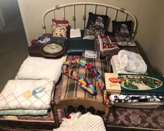 Chenille bedspread, Bates of Maine bedspread, Christmas pillows, vintage Badminton set, psychedelic snake.