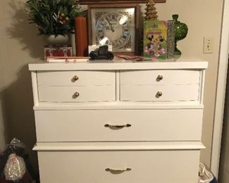 Vintage white chest of drawers, clock, Mickey Mouse book, candles and more