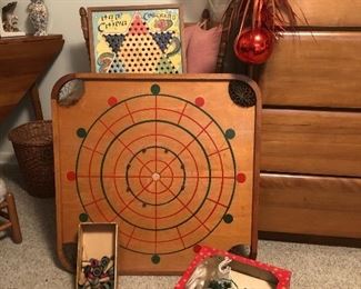 Carrom Game Board with wooden play pieces, Chinese checkerboard, vintage Electrified  Christmas Bells.