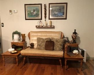 Vintage maple settee two maple end table, bric-a-brac and wall art.