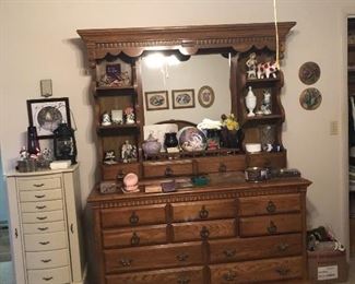Kincaid Solid Wood Furniture large dresser with mirror. Stand up jewelry box full of costume jewelry.