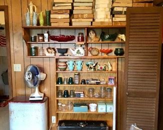 Boxes full of collector plates, vintage hamper, trunk, insulators,  vases, planters, mason jars and metal lids, metal suitcase and more.