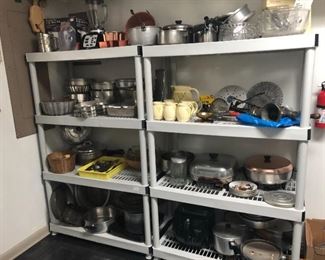 Great Kitchen wares vintage and new! 12 quart stock pot stainless steel, 0ST ER fusion blender, copper molds, Cheesecake pans, pound cake pans, loaf pans, heart shape and tree cake pans, Pots and pans with lids, electric fryer, five pressure cookers, Presto Cool Daddy deep fryer.