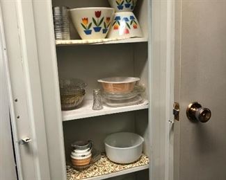 Vintage Set of  Fire King Oven Ware TULIP Nesting bowls, rolling pin, Bromwell’s sifter, Fire King lusterware casserole dish, mixing bowls, Pyrex and more