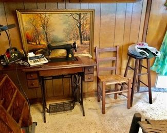 Vintage Singer sewing machine, cane bottom chair, stool and large picture, Sharp adding machine EL-1197G,  emergency flashlight