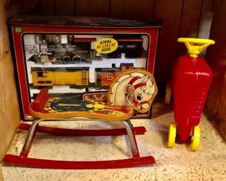 Rocky Mountain Railroad Denver Express  train, vintage riding pony, red plastic tractor made by Empire