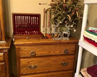 Oak 3 drawer chest, large floral arrangement, silver plated Rogers DeLuxe plate  “Precious”.