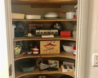 Enamel ware, vintage spice bottles, bowls, boxes of candles, “Merry Grinder” made by General, slicing machine, General electric hand mixer vintage made in USA! 