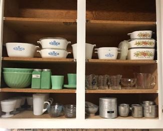 Corning, Fire King Jadeite, Colonial measuring cups, tin cups and grease can, milk glass.