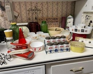Vintage General Electric hand mixer, Breakfast of Champions bowl,  red Pyrex polkadot  bowl, green water jars, vintage spice rack, golden wheat tea set, Old Kentucky Home scales, Watts mixing bowls, Westinghouse washer and  dryer , salt and  pepper shakers!! 