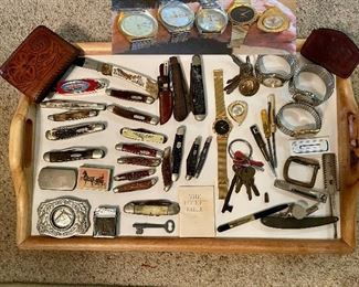 Vintage knives ( Case, Old Timer, Uncle Henry, Parker Cut Co, Murcott, Franklin Mint, Kutmaster, Queen, Imperial Prov, Schaefer) Lighter, belt buckles,  vintage razor Urham Emonstrator,
WATCHES: gold tone Rally Quartz men’s, Men’s Benus 2-toned 100’ water resistant, Men’s Waltham 30 m Japanese movement, Women’s goldtone pendant watch Caro 17 Jewels Swiss made and more!!
