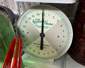 Vintage scale, ‘The Frank Tea & Spice Co milk glass spice containers, vintage Westinghouse salt & pepper washer/dryer…