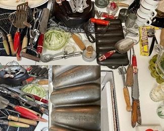 Vintage kitchen ware: wood handled utensils, juicers, knives, measuring spoons, cutters, cast iron baking...