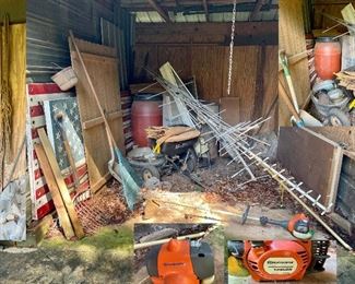 Vintage antenna, lighted flag boards, ropes, horseshoes, water barrel, Husqvarna trimmer etc.