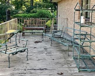Vintage outdoor wrought iron furniture: chairs, benches, tables, rack…