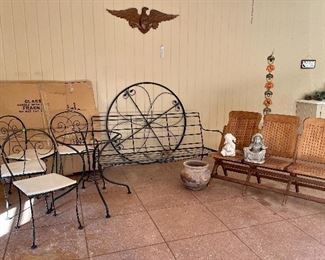 Vintage set of 4 wrought iron chairs/pads,; wrought iron bench, large table (glass for large table in cardboard box), vintage wood folding set of 3 attached theater chairs…