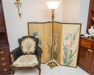 4 Panel Screen, Torchiere Floor Lamp & Antique Petit Point Chair