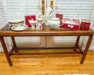 Walnut Console or Sofa Table & Lenox Christmas Serving Pieces